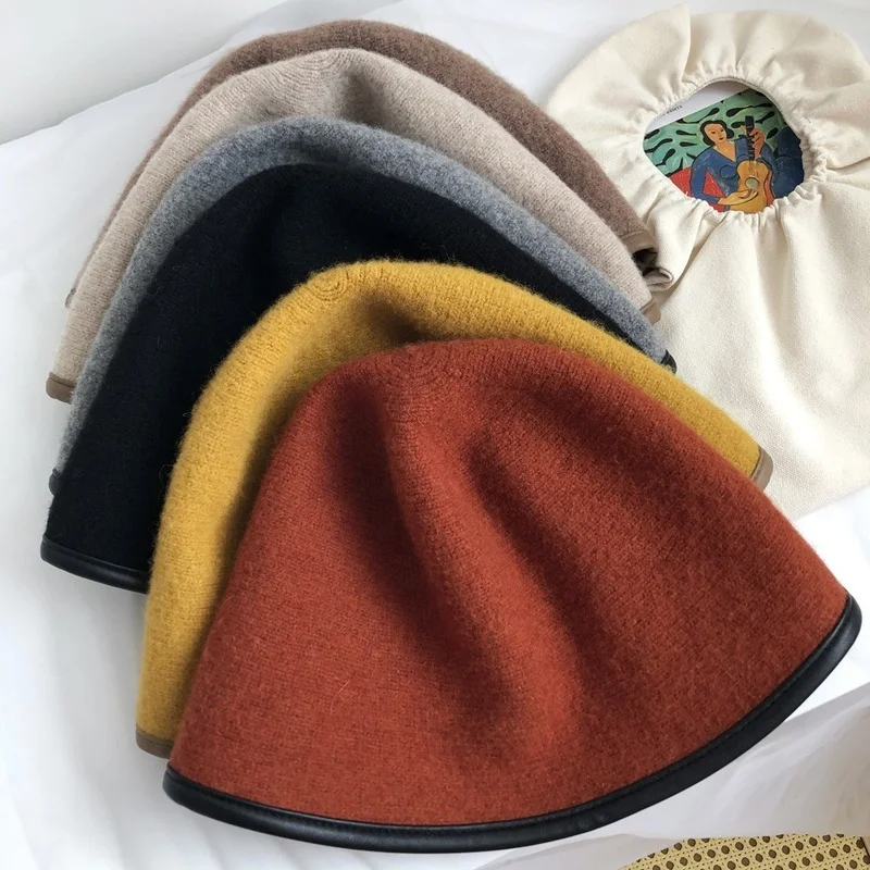 

Women's Winter Hat 2021 Ladies Fashion Wild Leather Wool Fisherman Hat New Net Red Light Plate Basin Hat