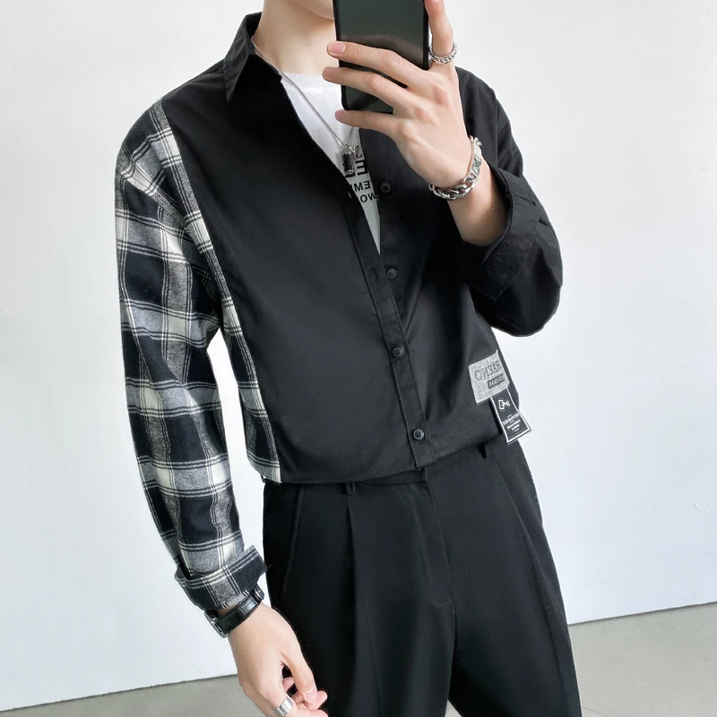 

Men's Lattice Black White Splicing Shirt Loose Casual Long Sleeve Tops Social Party Camisa Masculina 2021 Spring Fashion Shirts