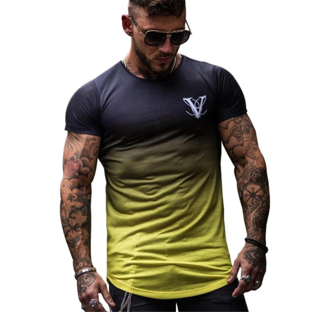 

Summer Men's Gradient Round Neck Short Sleeve T-shirt Fashion Casual Street Trend T-shirt Gym Bodybuilding Fitness T-shirt Top