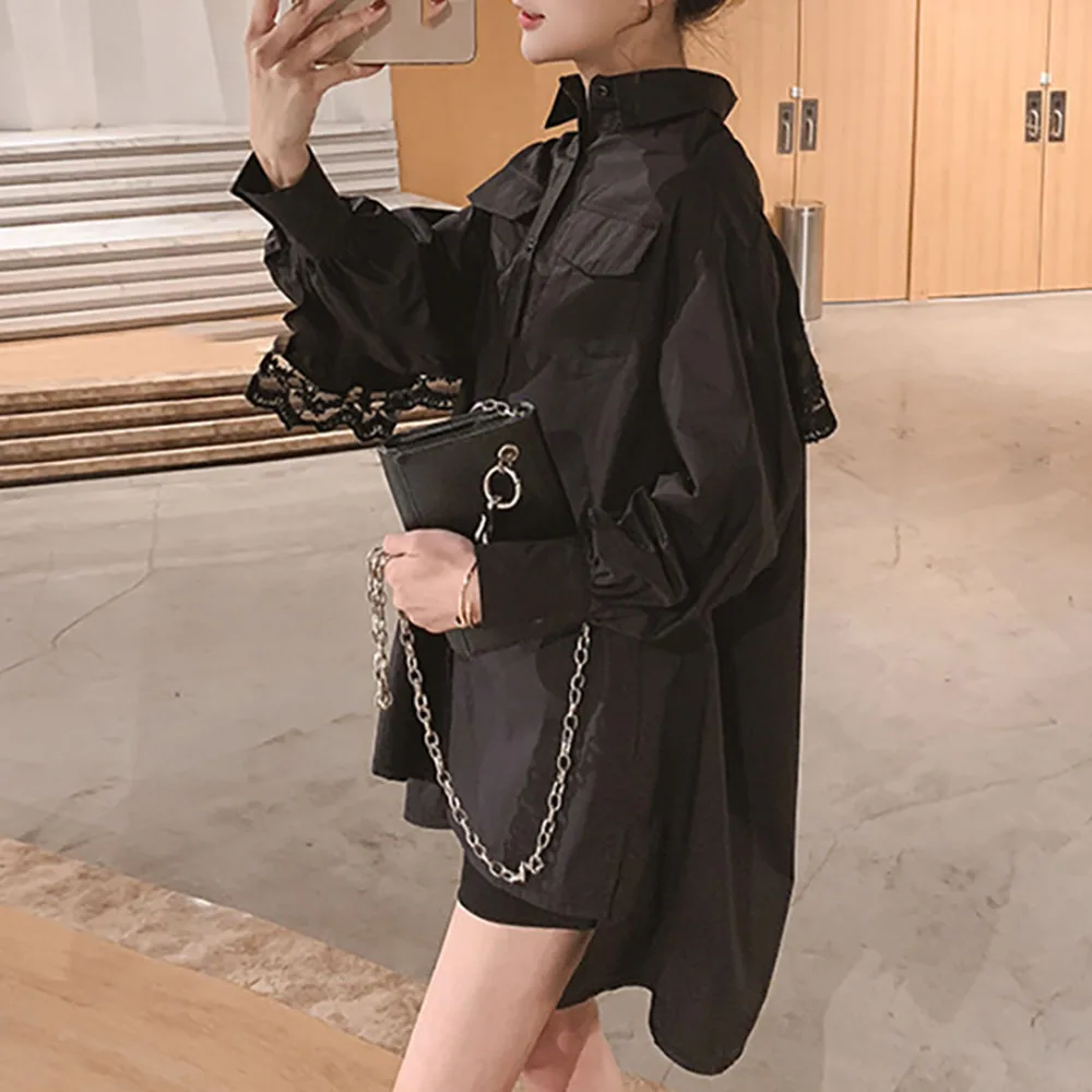 Женская белая черная рубашка с длинным рукавом Корейская шикарная кружевная