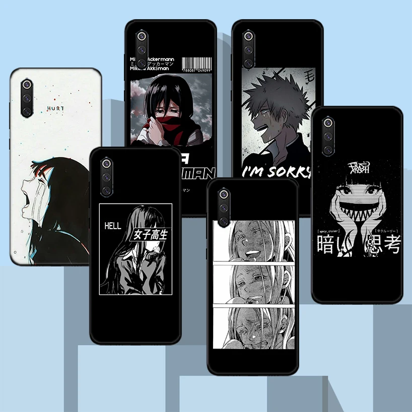 

Sad Japanese Anime Aesthetic Black Phone Case For Xiaomi Redmi Note 10 Pro 10S 9S 8T 7 8 9 9A 9C 9T 8A 7A 6A 5 6 Cover Capa