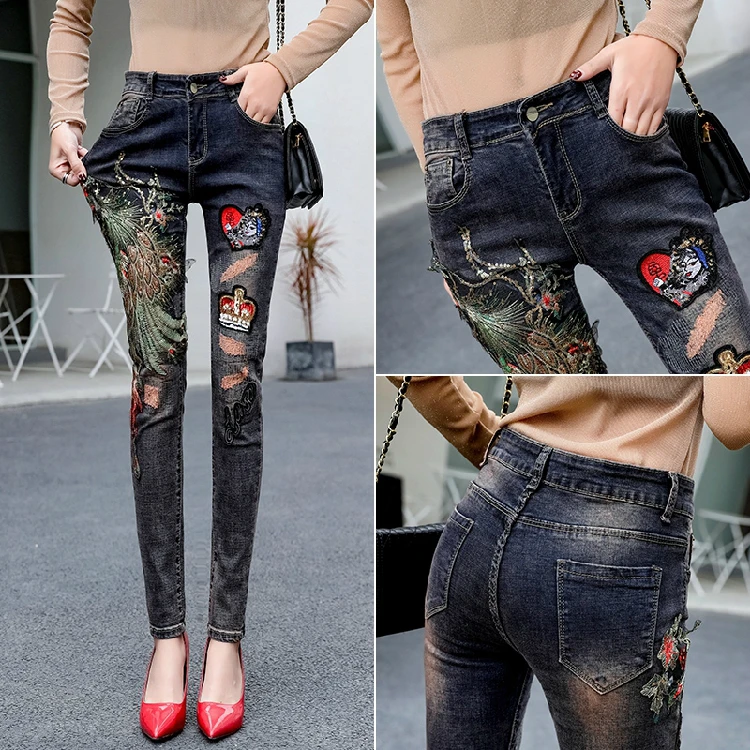 Новые осенние модные джинсовые брюки с вышивкой Феникса облегающие Женские