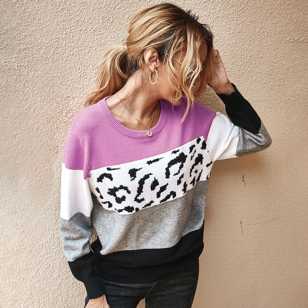 

Autumn Winter Women Sweater Knitted Cotton Pullovers Leopard Stripes Women O-neck Top Wearing Patchwork Lady Sweaters Top Jumper
