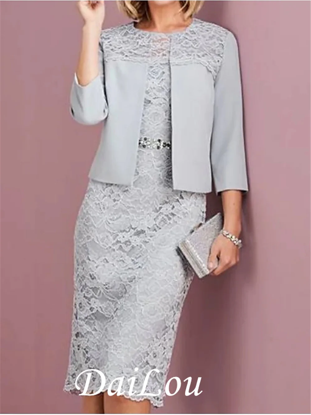

Two Piece A-Line Mother of the Bride Dress Wrap Included Jewel Neck Knee Length Lace Long Sleeve with Lace 2021