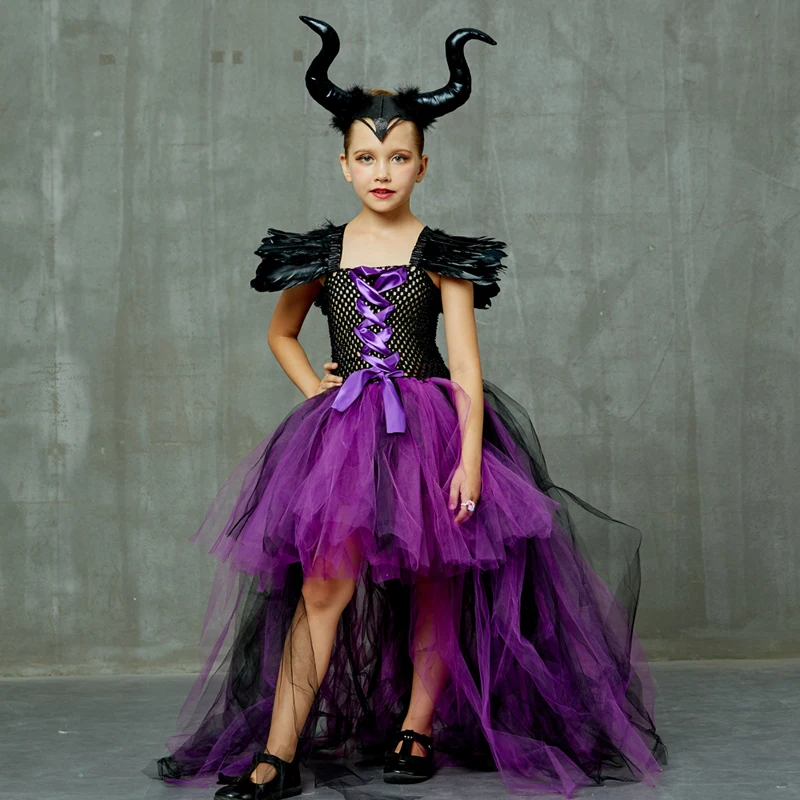 Платье-пачка для девочек на Хеллоуин «Maleficent Evil Dark queen» с рогами «Wicked Witch»; Детские вечерние костюмы для костюмированной вечеринки; нарядная одежда