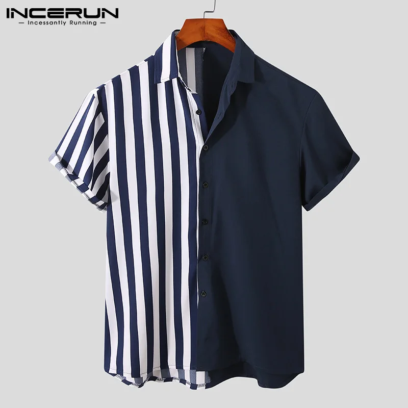 

INCERUN 2021 Summer Men Shirt Brand Striped Patchwork Lapel Short Sleeve Streetwear Casual Camisas Button Leisure Men Clothing
