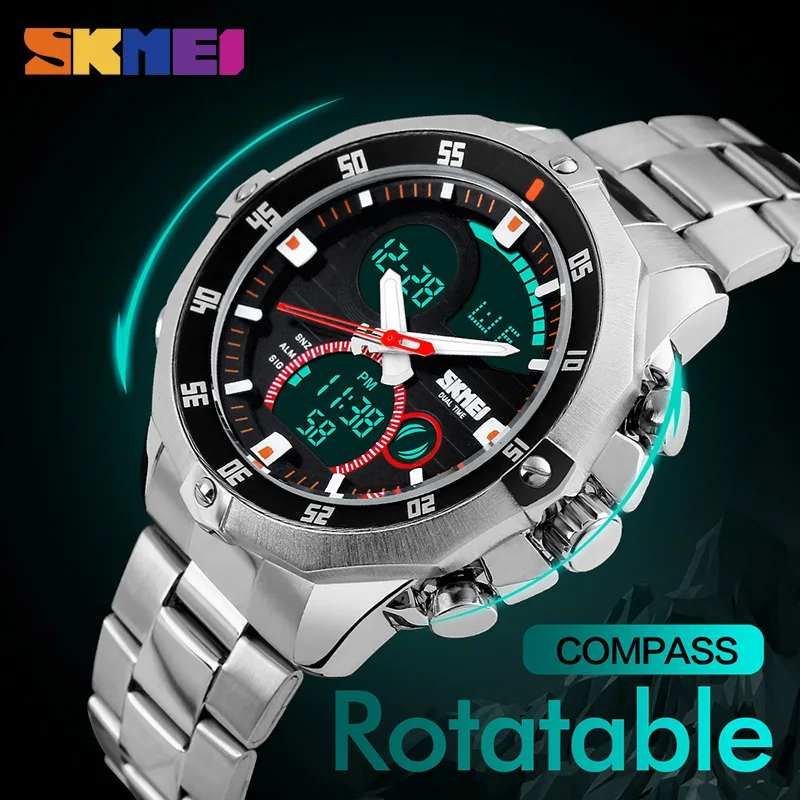 

SKMEI Men Analog Digital Watch Stainless Steel Business Quartz Wristwatch Double Time Multifunction Sport Watch Male Clock 1146