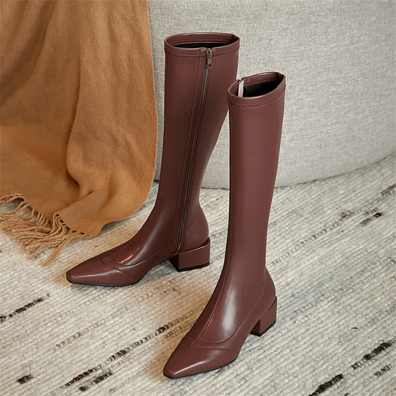 

ANNYMOLI Women Knee High Boots Shoes Square Toe Thick Heels Long Boots Zipper Mid Heel Lady Stretch Boots Autumn Winter Apricot