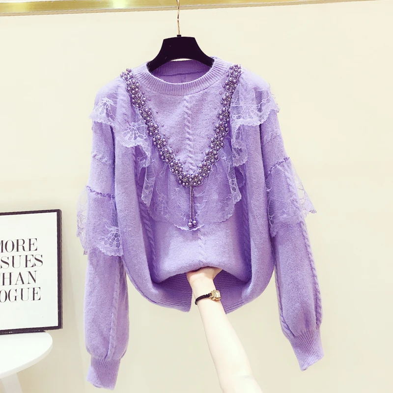 

Heavy Industry Beads Lace Flounce Knitwear Top 2021 New Spring Autumn Loose-Fitting Long Sleeve Sweater Women's Purple Sweaters