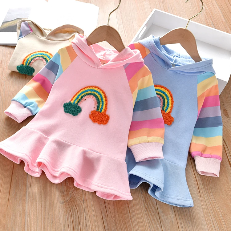 

Girls Dress Kids Clothes Sweater Hooded Dresses Autumn Winter Cute Girls Cotton Baby Clothing Casual Rainbow Dress for Girl