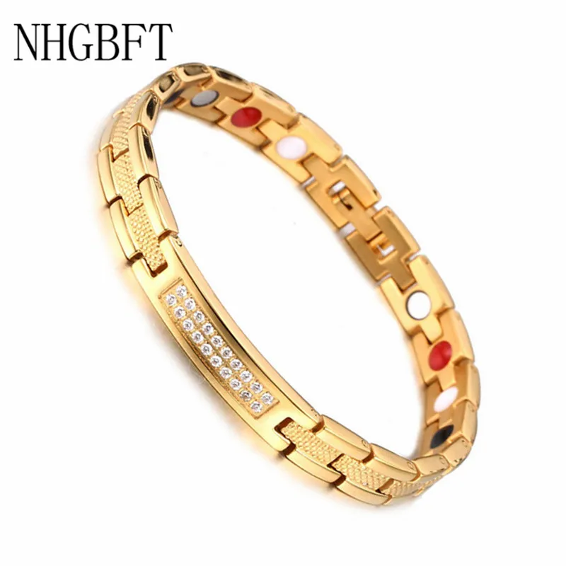 

NHGBFT Gold Color Cubic Zirconia Four in one Bracelet For Men Women Bio Energy Magnetic Health Bracelets
