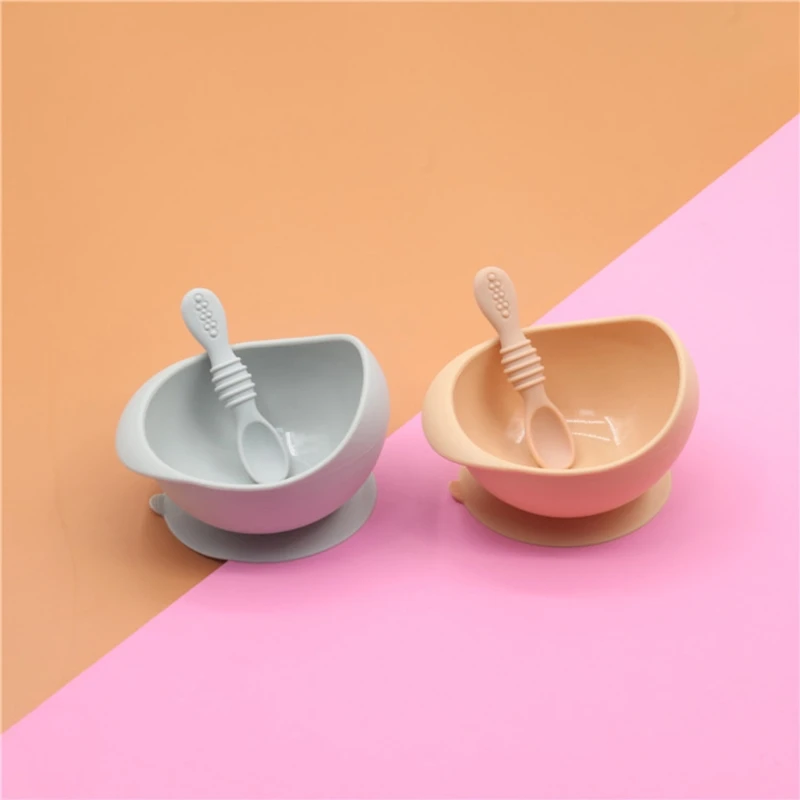 

2022 New 2Pcs Baby Silicone Suction Bowl+Spoon Set Learning Training Feeding Utensil Dish