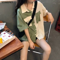 blouses women shirts short sleeve patchwork pockets summer fresh leisure students preppy style vintage loose harajuku simple new