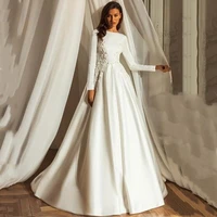 elegant o neck charming wedding dresses 2021 satin zipper brush train lace appliques tea length custom made bride robe de mari%c3%a9e