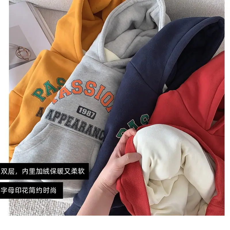 

Children's Velvet Padded Hooded Sweater for 2021 New Autumn Winter Boys and Girls Jackets Kids Korean style Hoodies Tops