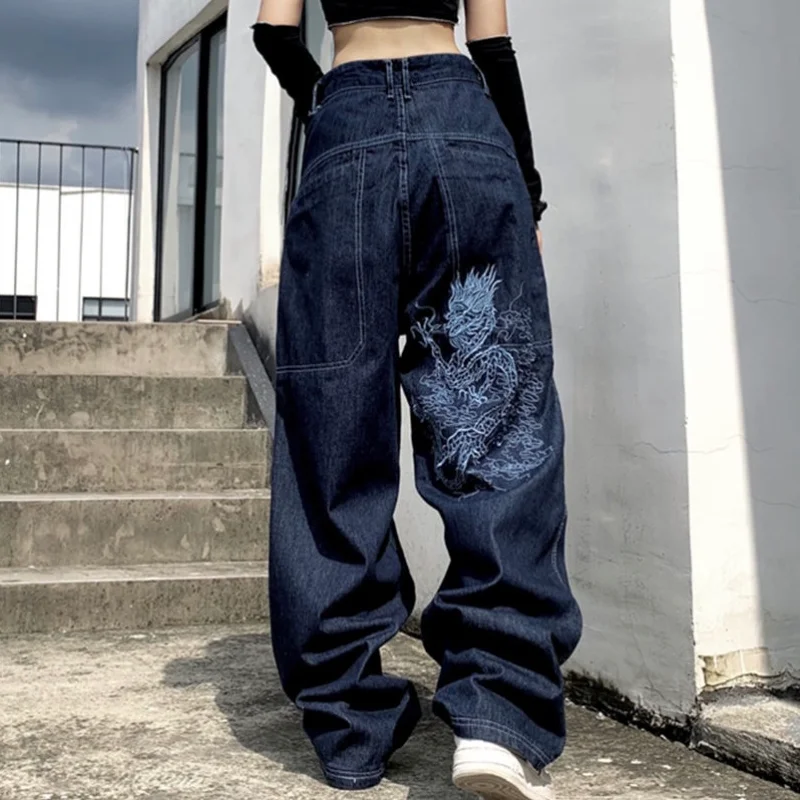American retro street loose embroidered straight-leg jeans women 2021 new casual all-match high-waist mopping wide-leg trousers