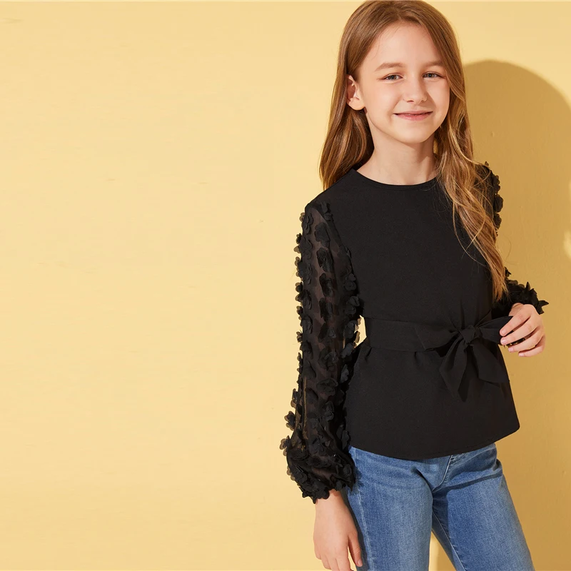 SHEIN Kiddie/черная однотонная блузка с аппликацией в сеточку, с рукавом «Бишоп», с поясом, детские топы, коллекция года, Осенние милые блузки на пуговицах сзади