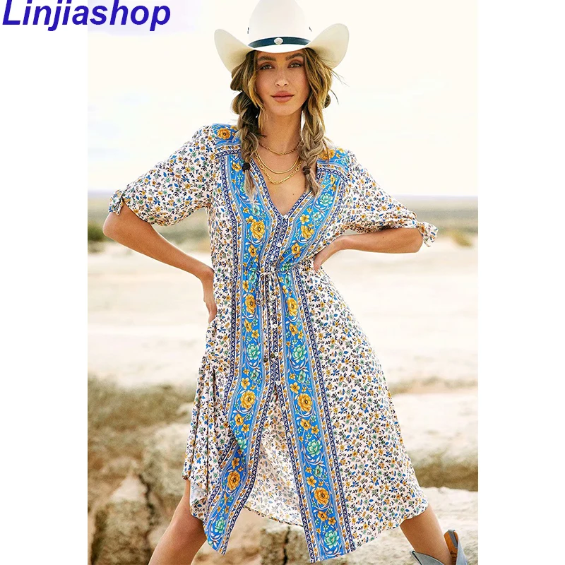 

Women Dresses Summer V Neck Boho Floral Print Sexy Buttons Dress Ruffle Short Sleeve Elastic Waist Rayon Beach Dress