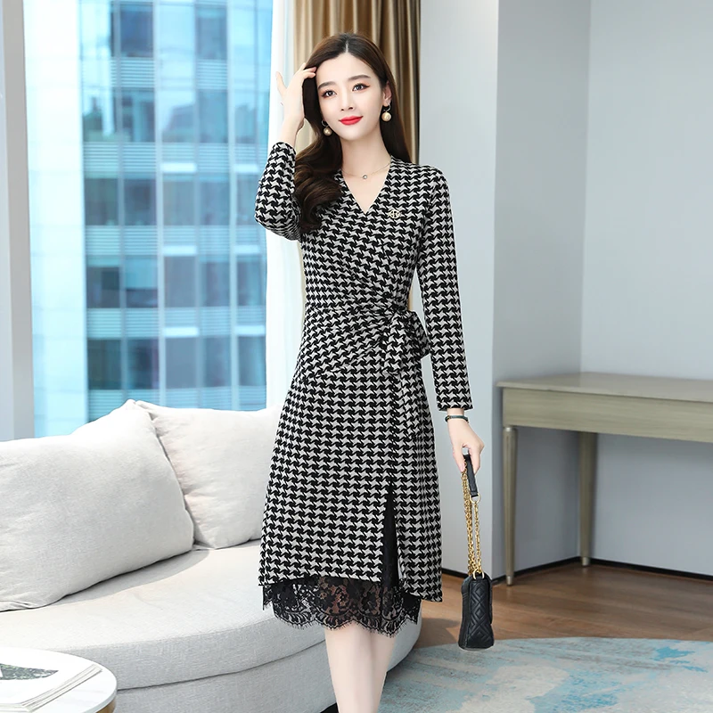 2024 винтажное клетчатое платье миди с рисунком гусиные лапки осенне-зимнее