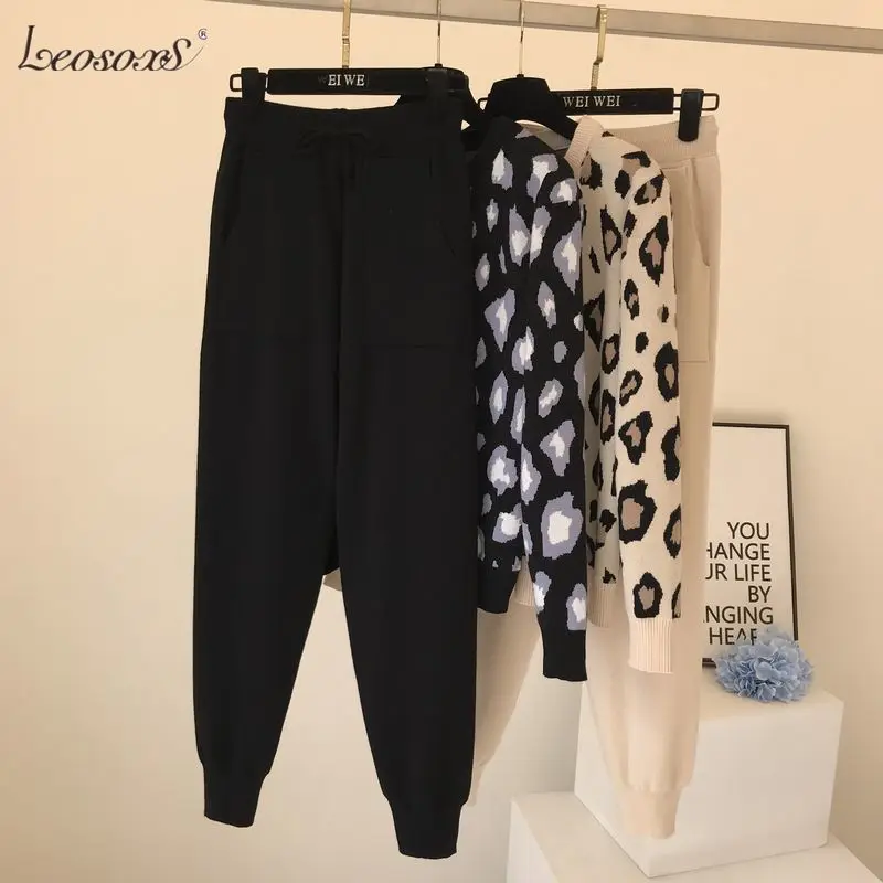 

Women Knit Leopard Pullover Sweaters+Pants Sets Woman Fashion Jumpers Trousers 2 PCS Costumes Outfit