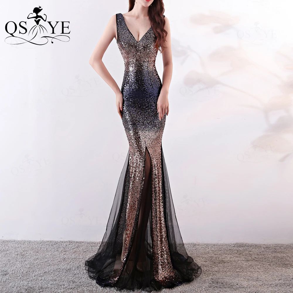 

Fading Gold Sequin Evening Dresses Glitter Black Mermaid Prom Gown Sexy V Neck Party Dress Sequined Fishtail Formal Dress