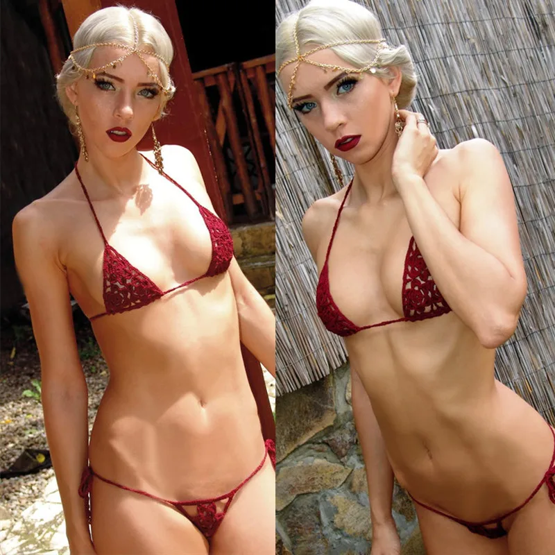 Вязаный вручную мини бикини костюм пляжный микро купальник сексуальный для