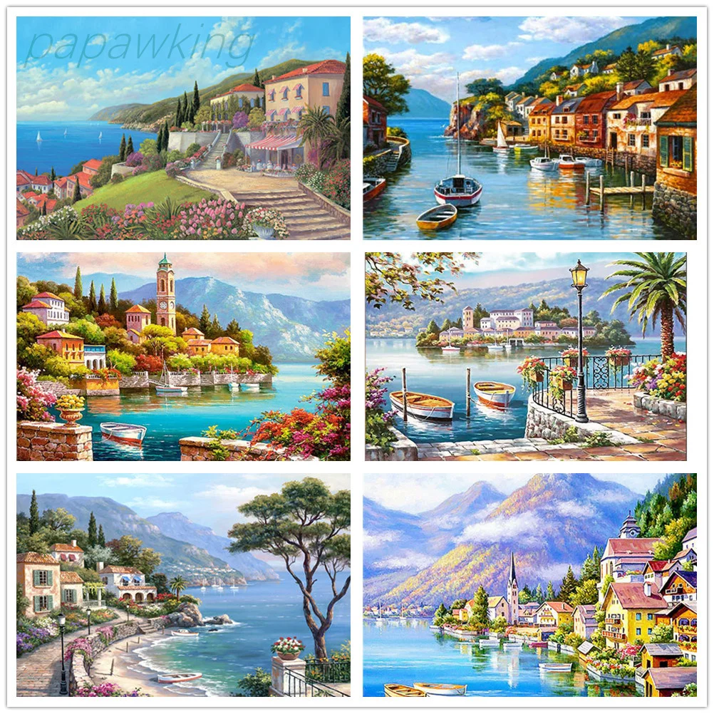 

Diy Coastal Town Scenery Diamond Painting Full Rhinestone Diamond Cross Stitch Set Wall Poster Home Art Embroidery Decoration