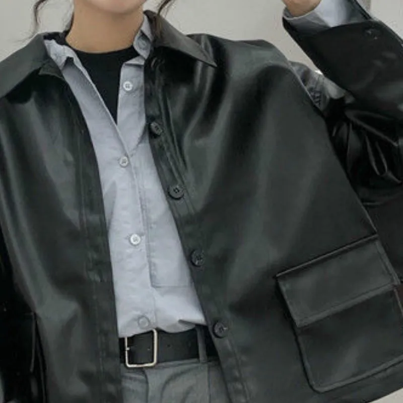 

Jackets Women Black Short PU Casual Basic Jacket Korean Style BF Windbreaker Coat Womens Hip Hop Streetwear Harajuku Chic Tops