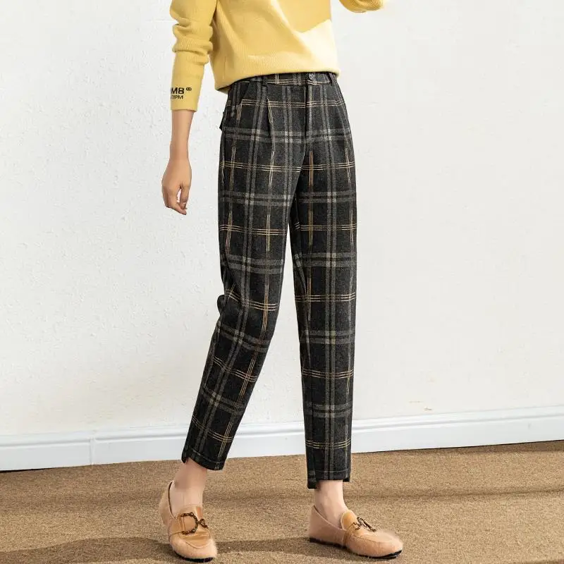

Autumn and Winter Warm Wool Plaid Pants for Women Loose Straight Thick Female Harem Pants High Waist Ankle-length Pencil Pants