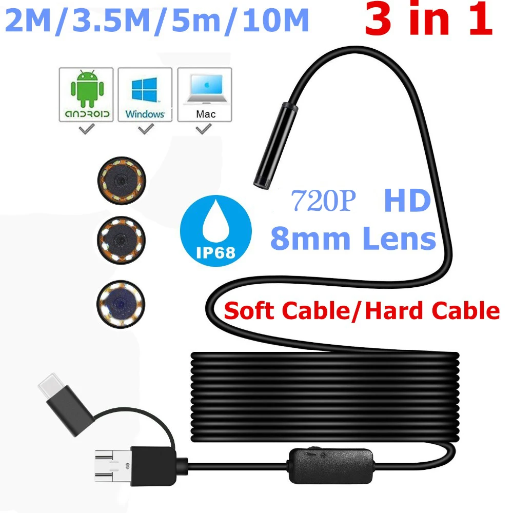 

720P 3 In 1 Endoscope Mini Camera Usb Security Camera 8mm For Android Phone And PC Otoscope Inspection Camera Microscope