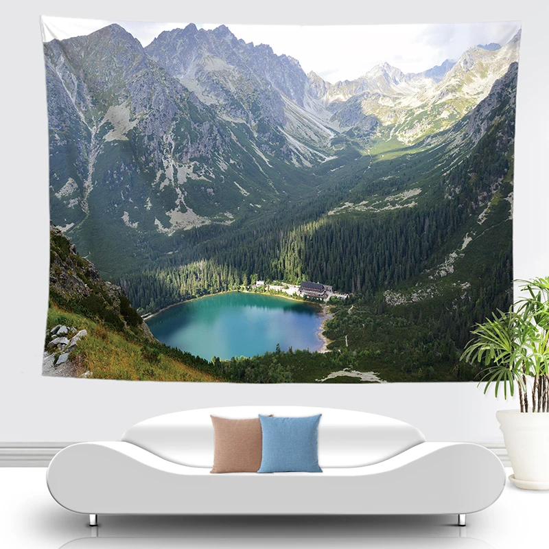 Синее озеро горы гобелен 3d снег двойной пик Настенный Ковер Природный лес