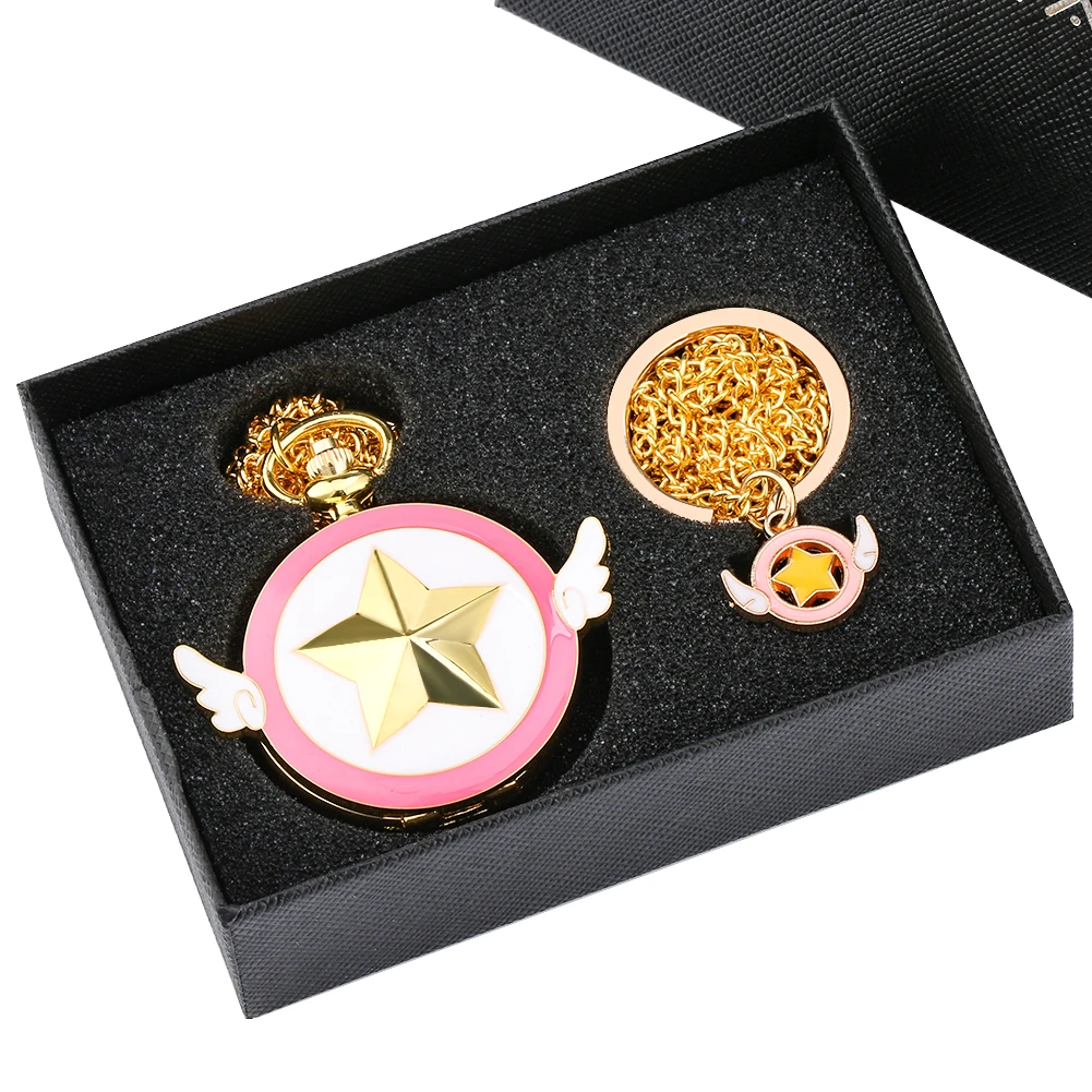 Pocket Watch Key Ring Gifts Set Japan Anime Magic Girl Sakura Cartoon Cosplay Pendant Clock Hours Girls Lady Women Xmas Gift Set