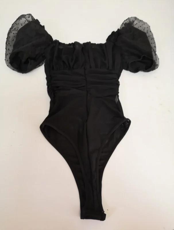 

High Quality Black Sexy Hollow Out Sheath Rayon Bandage Bodysuit Short Sleeve Bodysuit