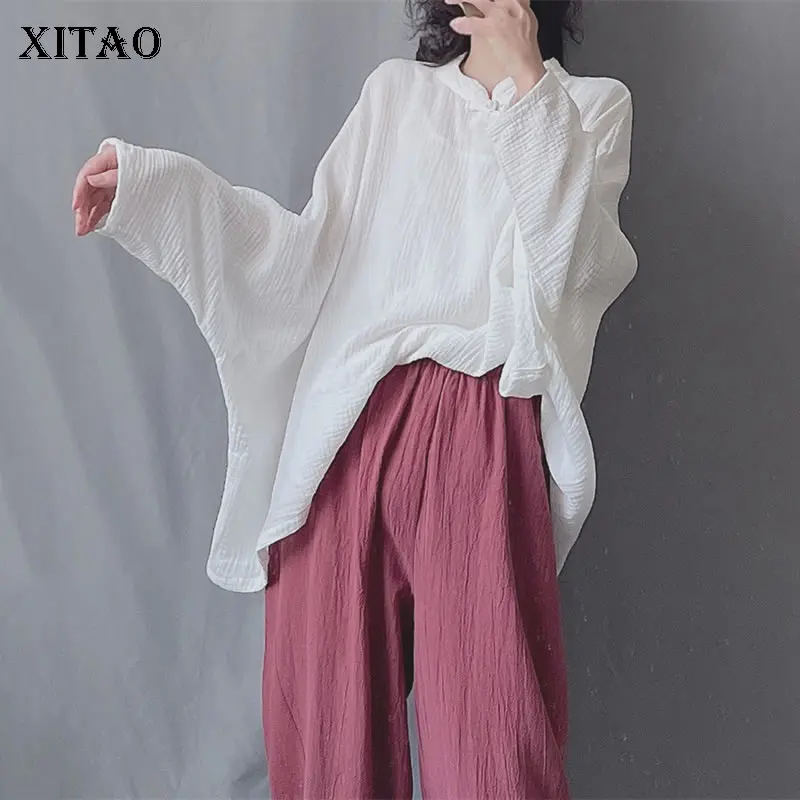 

Женская рубашка с разрезом XITAO, винтажная Свободная рубашка в простом китайском стиле, с косой планкой, для осени, WMD3049