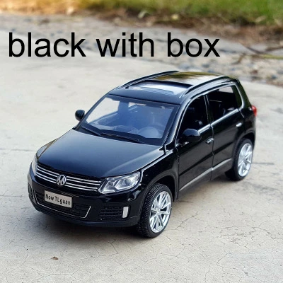 1:32, немецкая модель автомобиля VW Tiguan, литая под давлением, модель автомобиля из Золотого Металла, оттягивающая назад, модель автомобиля с подсветкой, игрушка в подарок для детей - Цвет: Black with box