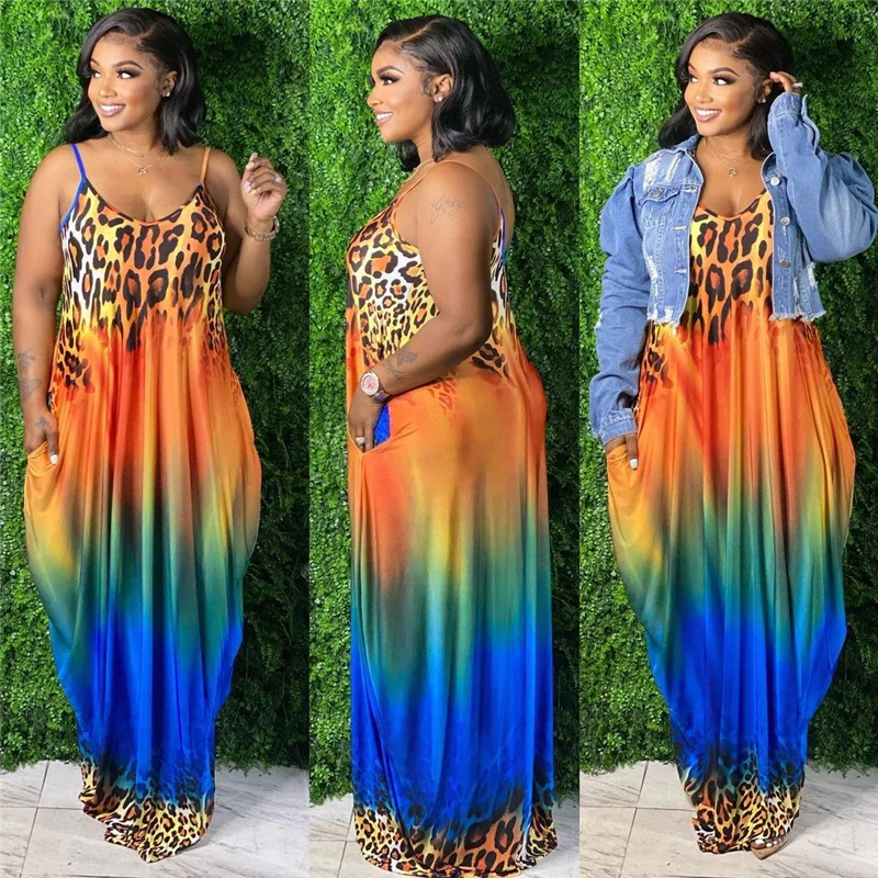 

2022 Plus Size Women Clothing Leopard Dresses with Pockets Summer Beach Slip Dress Backless Long Dress Wholesale Dropshipping