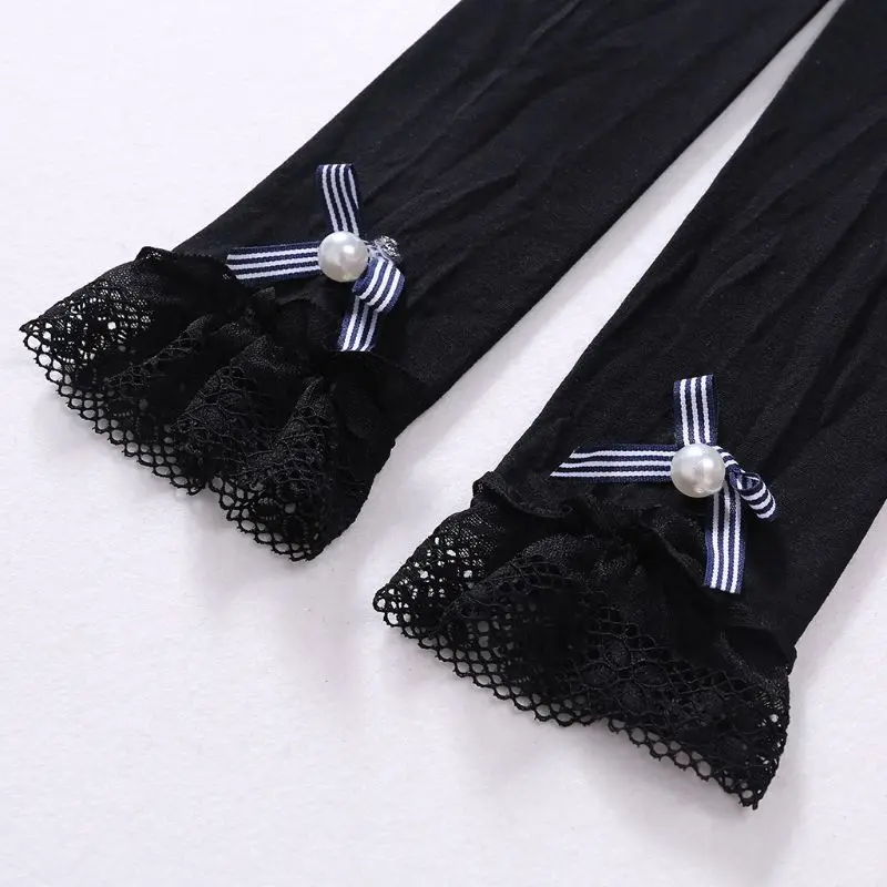 

Kids Girls Spring Summer Leggings Lace Trim Bowknot Ankle Length Pants Solid Color Elastic Princess Footless Dancing Tights