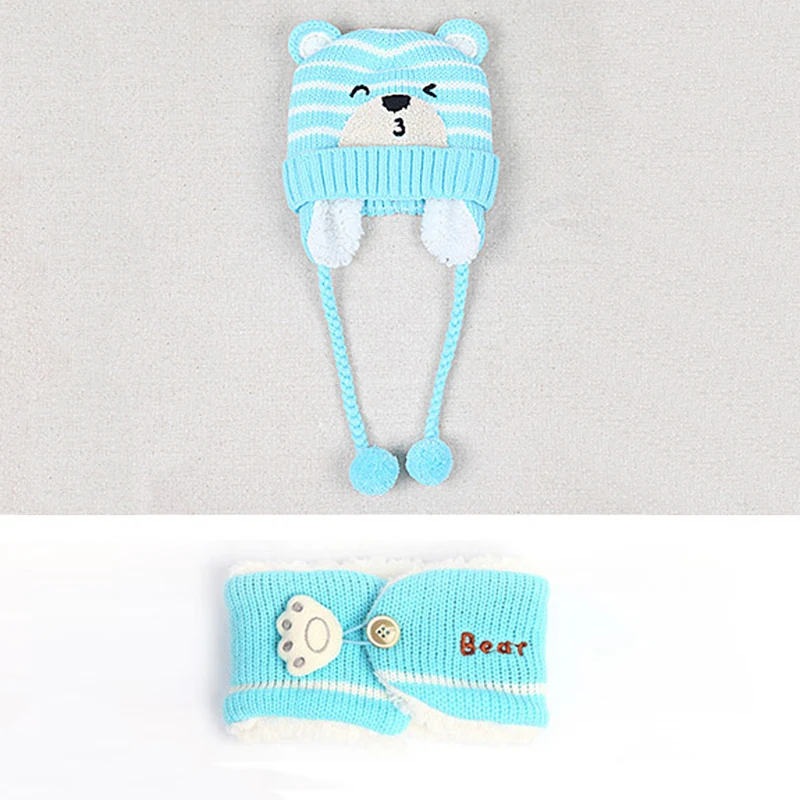 Loozykit 2 pcs Warm Hat Suit Baby Boy Girls Thermal Knitted Cartoon Bear Hat Scarf Toddler Winter Fleece Cap Set