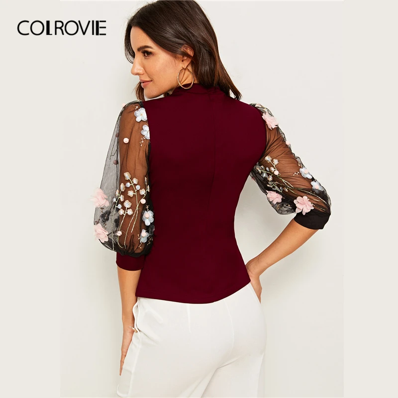 COLROVIE 3D Аппликация вышитое Сетчатое платье-фонарь с рукавом Топ для женщин три четверти рукав Элегантная блузка осень сексуальные Изящные блузки