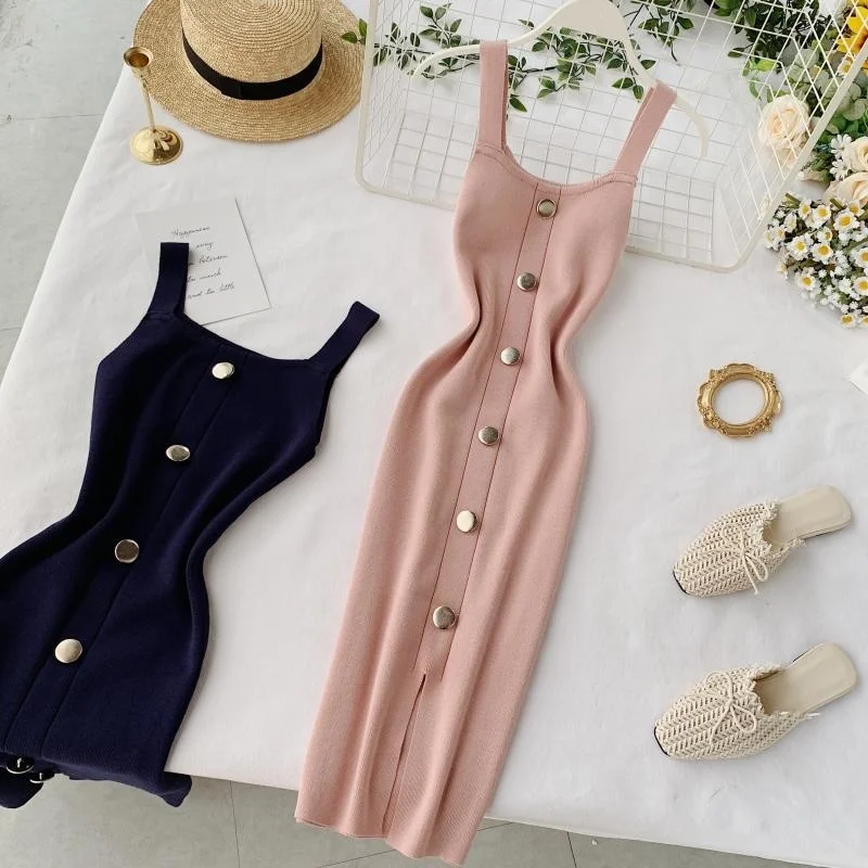 

2020 Summer Pink/Red/White/Black Women Knitted Dress Vintage High Waist Button Single-breasted Slim Casual Dress For Female New