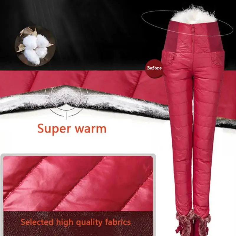 Повседневные женские пуховые брюки с высокой талией зимние толстые теплые