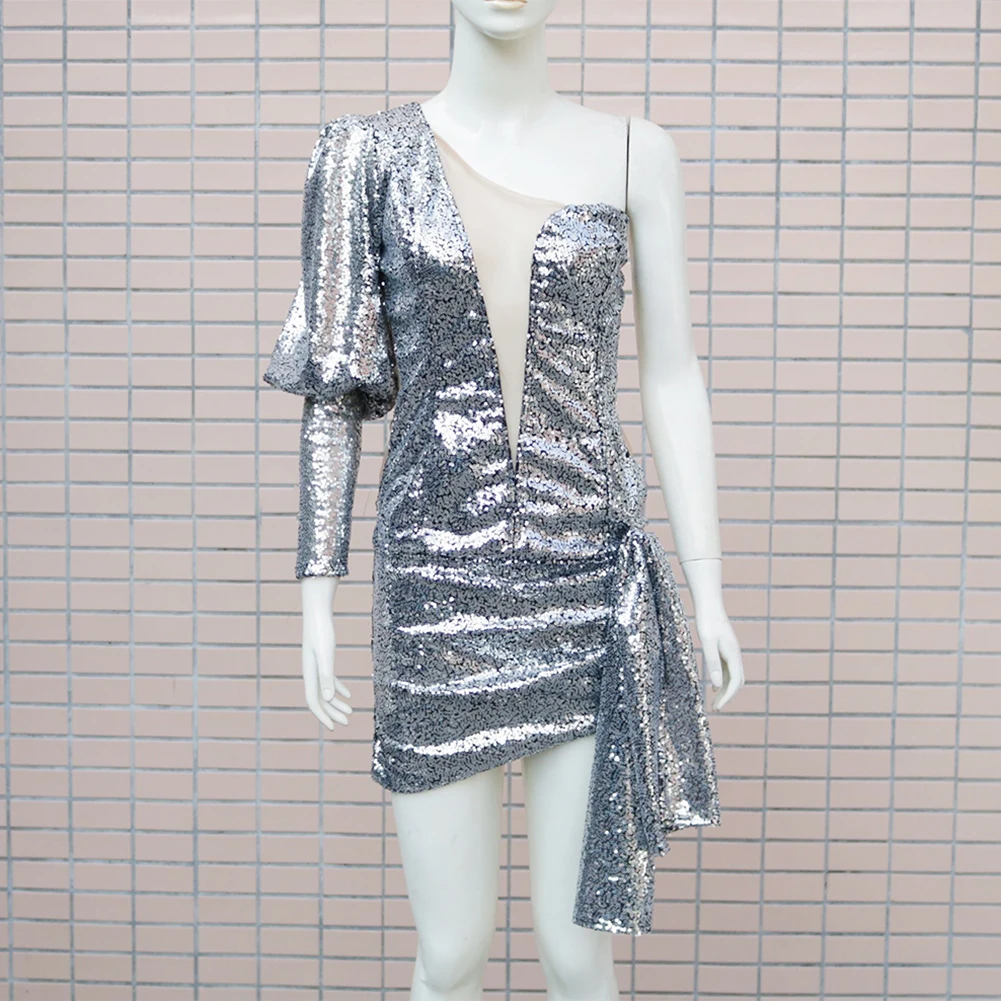 Соблазнительное платье на одно плечо с блестками ассиметричное женское