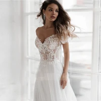 simple off the shoulder sweetheart a line appliqued lace tulle boho wedding dress 2022 bridal gown vestido de novia