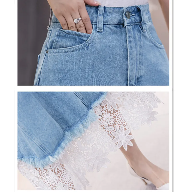 

2021 Spring Summer Women Lace Patchwork Irregular Tassel High Waist Long Denim Skirts A Line Blue Jeans Faldas Mujer T052