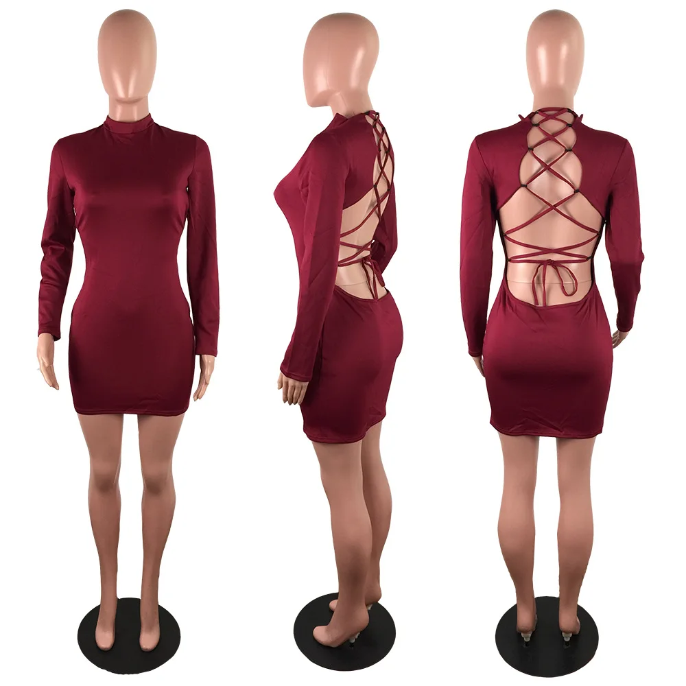 Женское мини платье с открытой спиной Бандажное вечерние платья длинным рукавом