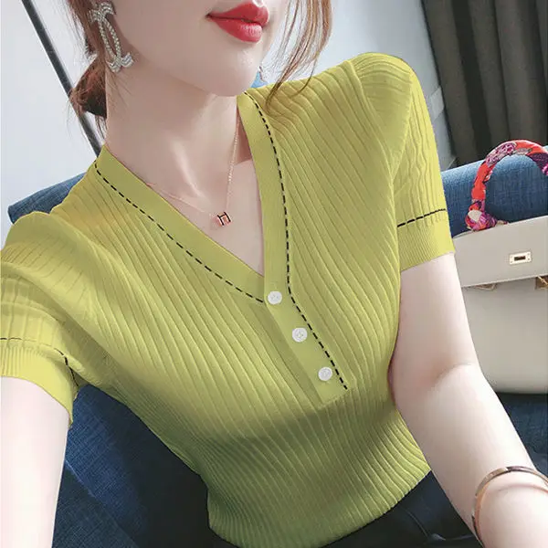 

Желтая летняя тонкая дышащая Офисная Женская одежда, Вязаная футболка с коротким рукавом, эластичный Топ с V-образным вырезом и шелковыми пу...