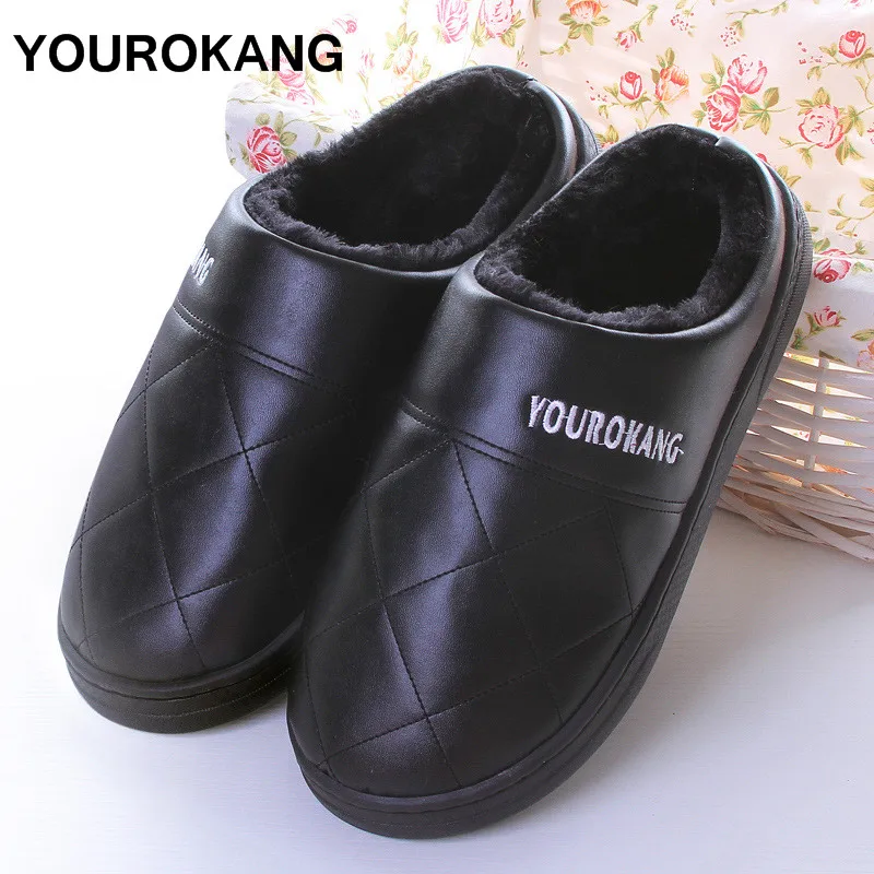 

YOUROKANG Home Slippers Unisex PU Leather Winter Warm Cotton Slipper Fashion Furry Plush Shoes Indoor Bedroom Antiskid pantufa