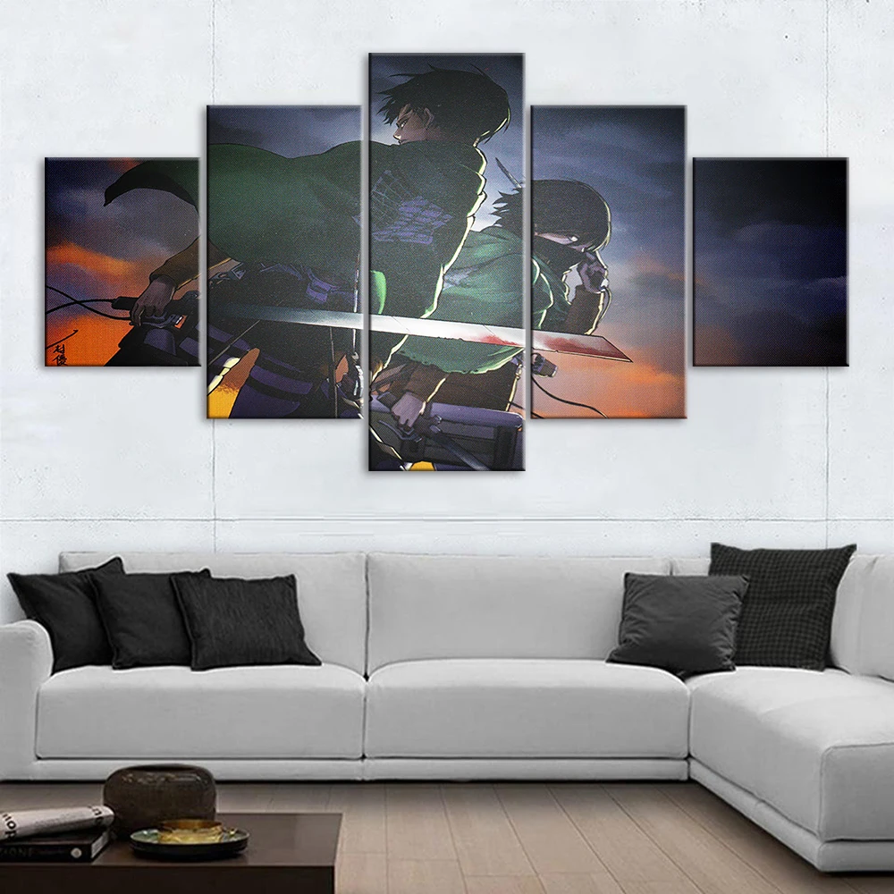 

5 Pieces Wall Art Canvas Painting Attack On Titan Anime Character Poster Modern Living Room Home Decoration Modular Pictures