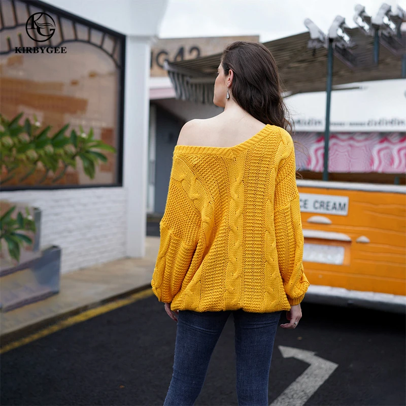 KirbyGee Sexy Deep V Neck Off Shoulder Knitted Yellow Twisted Sweater Woman Plus Size Loose Long Sleeve Pullover Jumpers | Женская