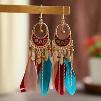 womens hanging earrings vintage boho ethnic feather long tassel dangle woman accessories colorful women earring jewelry
